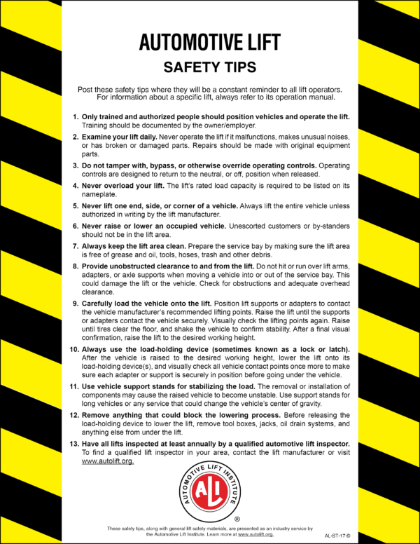 ALI Automotive Lift Safety Tips Card Image