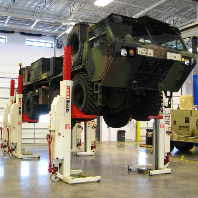 Types-Of-Car-Lifts-WEMU-Mobile-Portable-Column-Lifts-with-military-vehicle-Stertil-Koni-STERTIL-